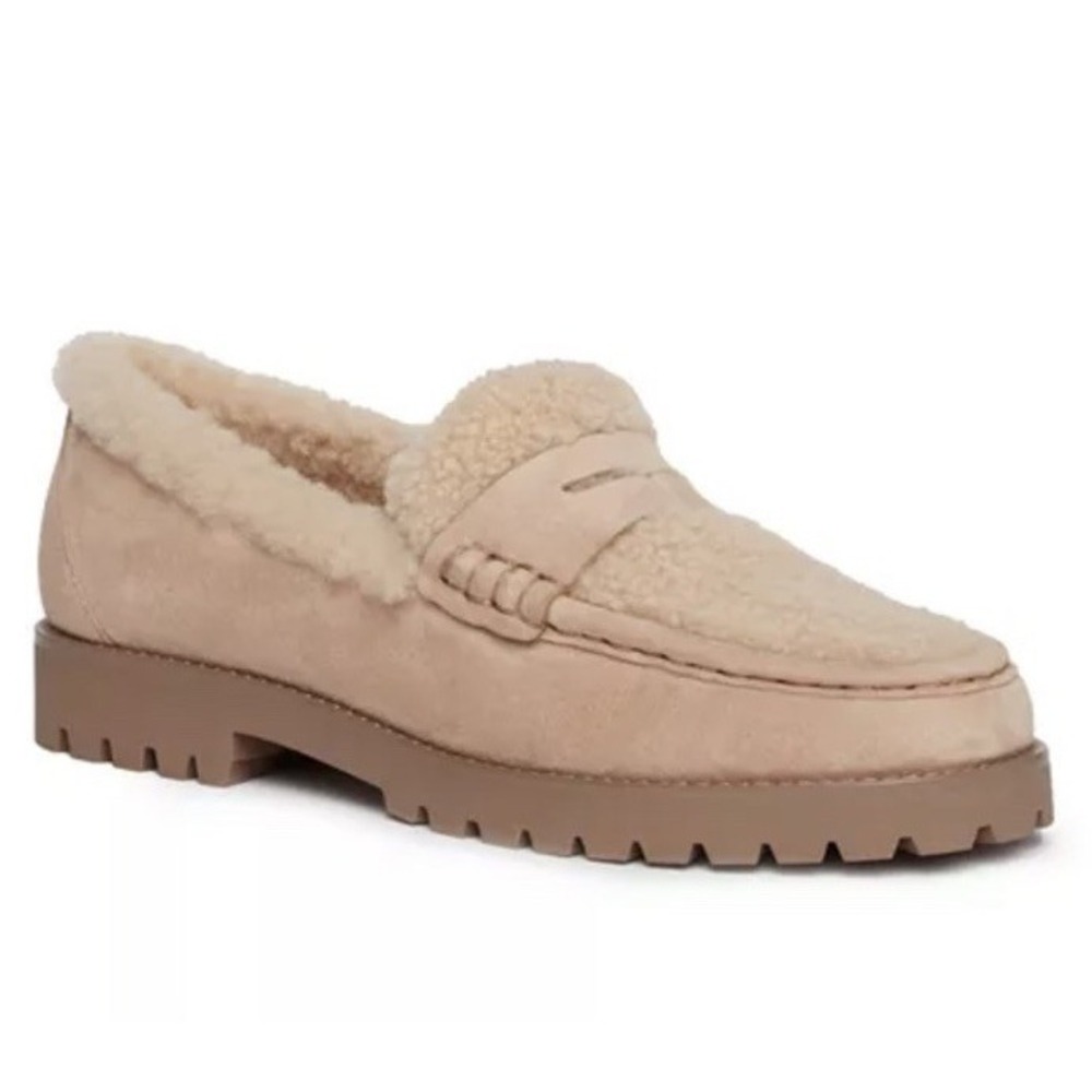 PAIGE Ellis Shearling Loafers Womens 10 Beige Suede Lamb‎ Fur Lug Sole Cozy